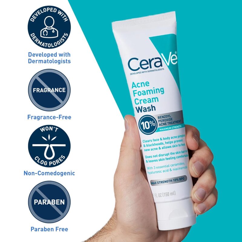 CeraVe Acne Foaming Cream Wash Cleanser 10% Benzoyl Peroxide - 150ml سيرافي غسول كريمي رغوي لحب الشباب 10% بنزويل بيروكسايد - 150 مل - Image 2