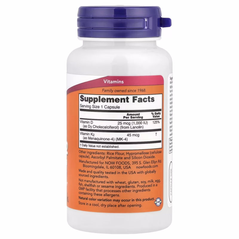 ⁦ناو فودز فيتامين د3 و ك2  - 120 كبسولة - NOW Foods Vitamin D-3 & K-2 120 Capsules⁩ - الصورة ⁦2⁩