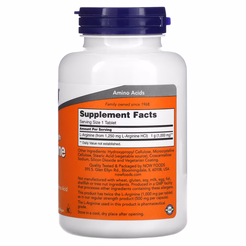 ناو فودز إل-أرجينين القوة المزدوجة 1000 ملغ 120 قرصًا - NOW Foods L-Arginine Double Strength 1000 mg 120 Tablets - Image 2