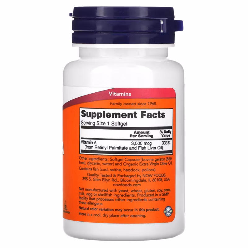 ⁦ناو فودز فيتامين أ 3000 مكغ (10,000 وحدة دولية) 100 كبسولة هلامية NOW Foods Vitamin A 3,000 mcg (10,000 IU) 100 Softgels⁩ - الصورة ⁦2⁩